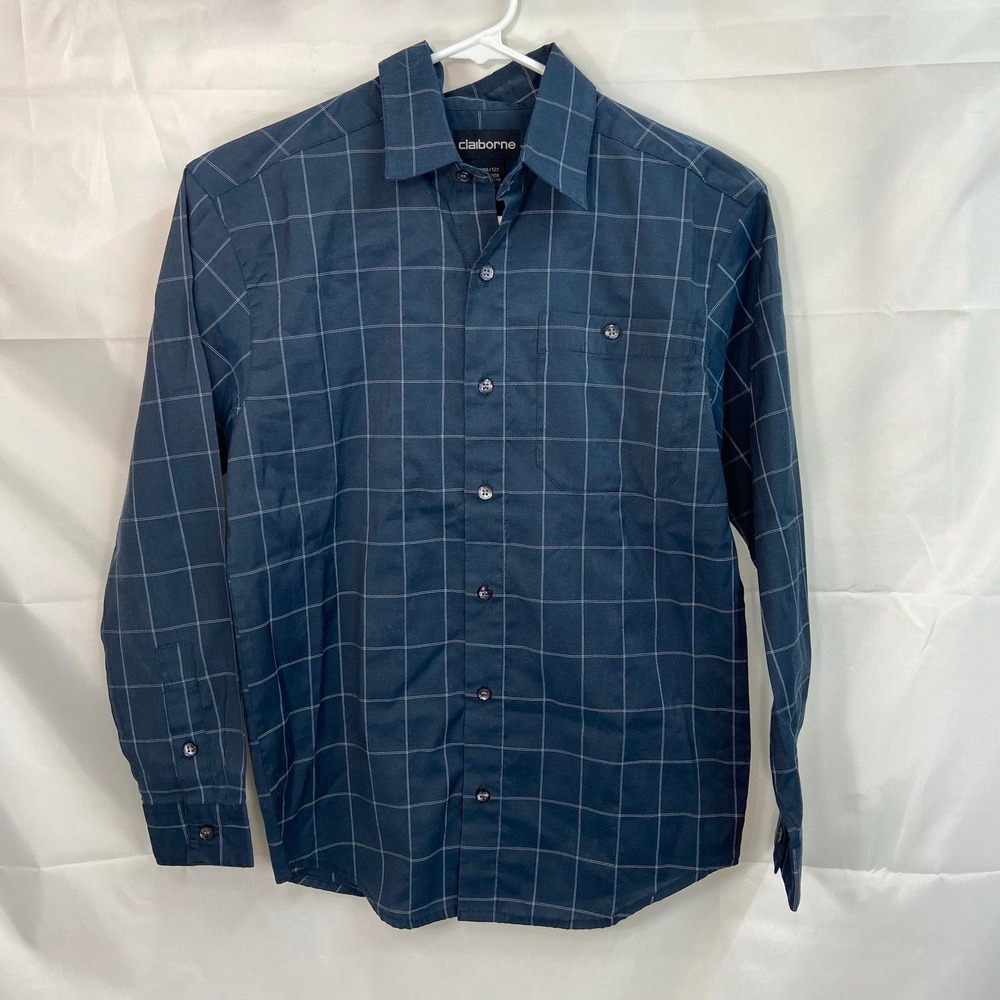 Claiborne youth boy's dark‎ blue checkered plaid button down collar shirt medium